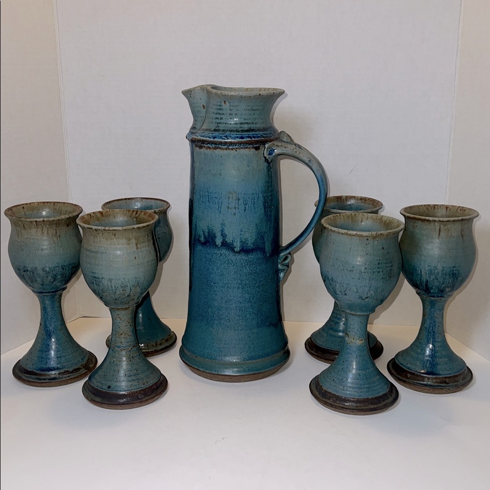 Vintage Hand Thrown Studio Pottery Pitcher and 6 Goblets - Dated 1976